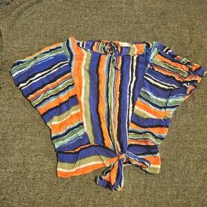 Y2k Blue and Orange Slouchy Boho Top with tied front